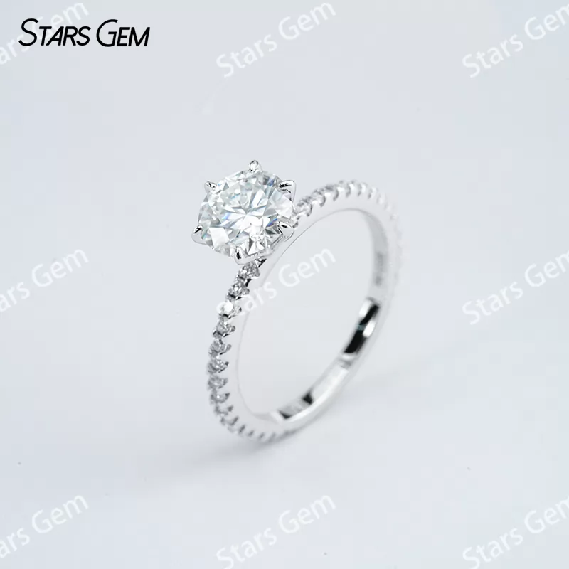 6.5mm Round Brilliant Cut Moissanite S925 Sterling Silver Pave Engagement Ring