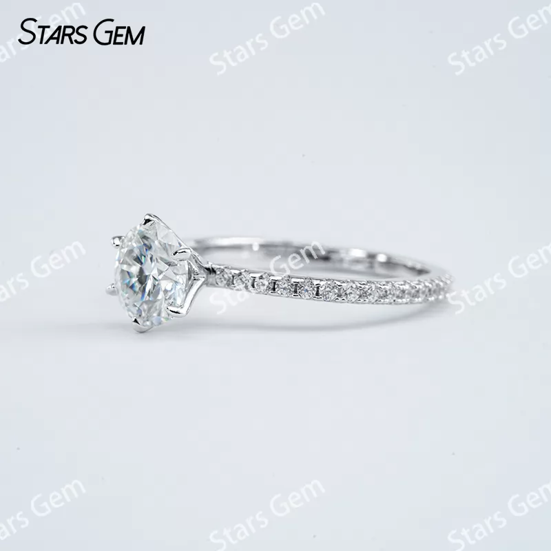 6.5mm Round Brilliant Cut Moissanite S925 Sterling Silver Pave Engagement Ring