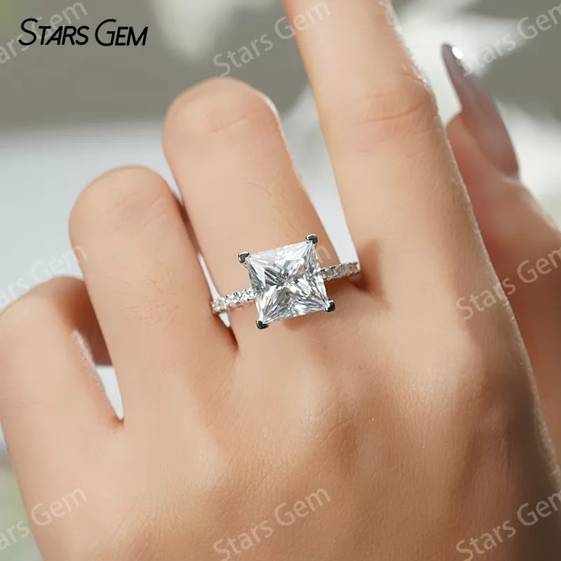 9.5×9.5mm Princess Cut Moissanite S925 Sterling Silver Pave Engagement Ring