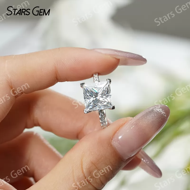 9.5×9.5mm Princess Cut Moissanite S925 Sterling Silver Pave Engagement Ring