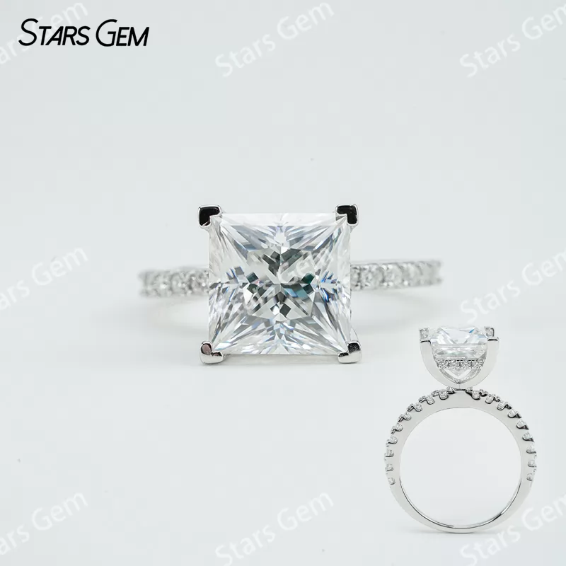9.5×9.5mm Princess Cut Moissanite S925 Sterling Silver Pave Engagement Ring