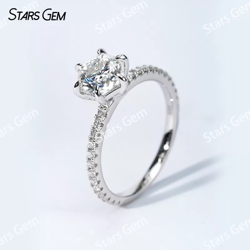 7×7mm Hexagonal Shape Moissanite S925 Sterling Silver Pave Engagement Ring