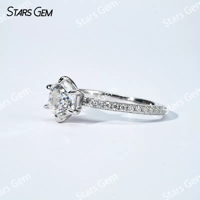 7×7mm Hexagonal Shape Moissanite S925 Sterling Silver Pave Engagement Ring