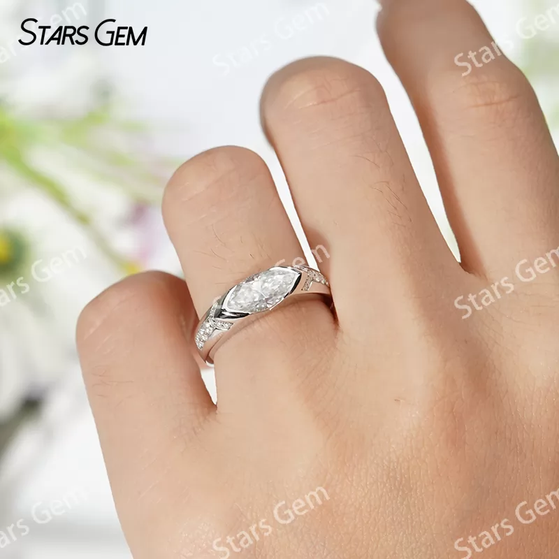 5×10mm Marquise Cut Moissanite S925 Sterling Silver Pave Engagement Ring