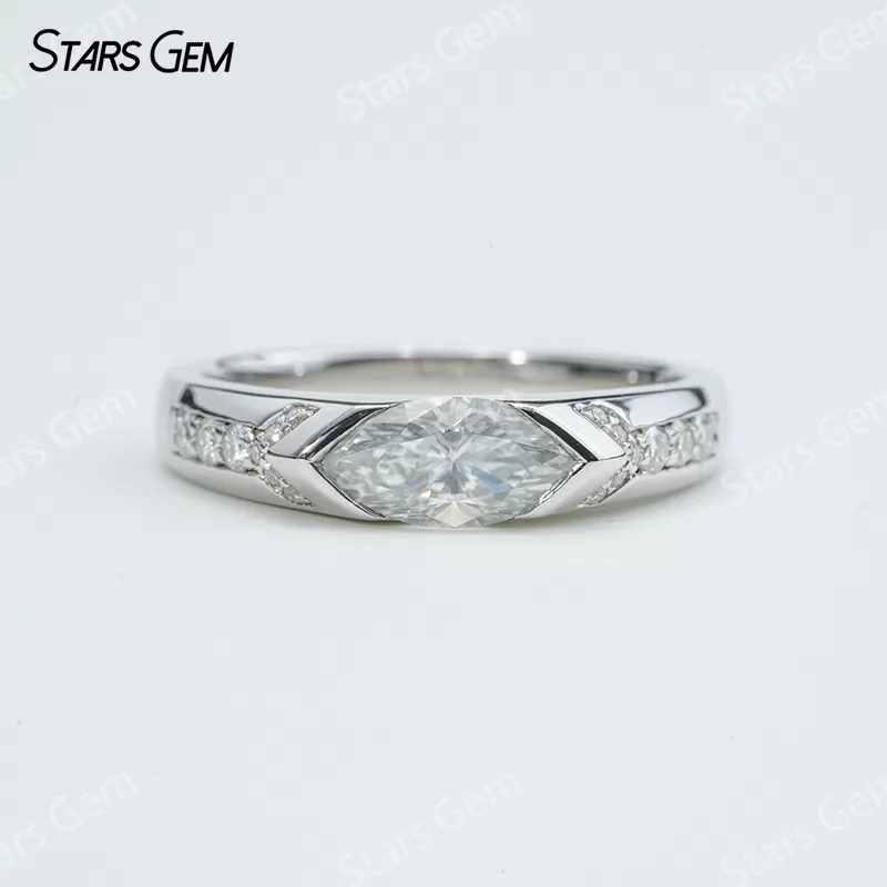 5×10mm Marquise Cut Moissanite S925 Sterling Silver Pave Engagement Ring