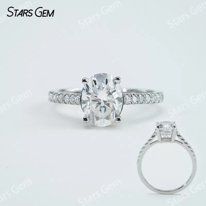 7.5×9.5mm Oval Cut Moissanite S925 Sterling Silver Pave Engagement Ring