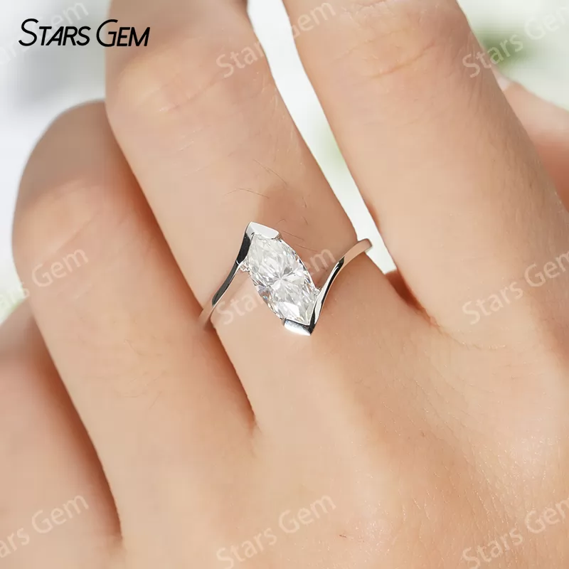5×10mm Marquise Cut Moissanite S925 Sterling Silver Solitaire Engagement Ring