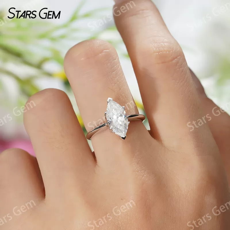 6×12mm Marquise Cut Moissanite S925 Sterling Silver Solitaire Engagement Ring