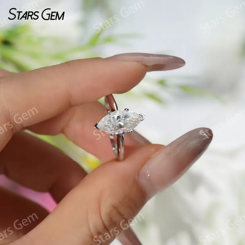 6×12mm Marquise Cut Moissanite S925 Sterling Silver Solitaire Engagement Ring