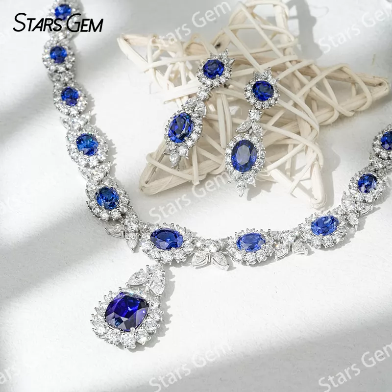 Lab Sapphire Jewelry Set S925 Sliver with Lab Sapphire and Moissanites Necklace Earrings