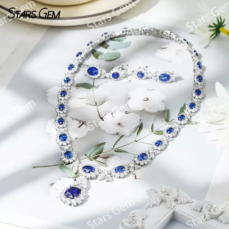 Lab Sapphire Jewelry Set S925 Sliver with Lab Sapphire and Moissanites Necklace Earrings