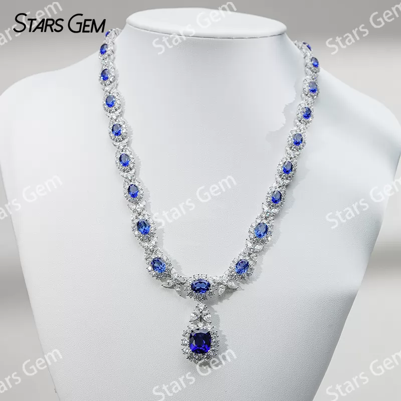 Lab Sapphire Jewelry Set S925 Sliver with Lab Sapphire and Moissanites Necklace Earrings