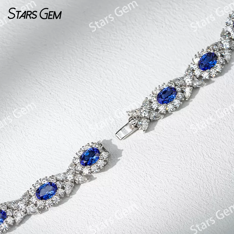 Lab Sapphire Jewelry Set S925 Sliver with Lab Sapphire and Moissanites Necklace Earrings