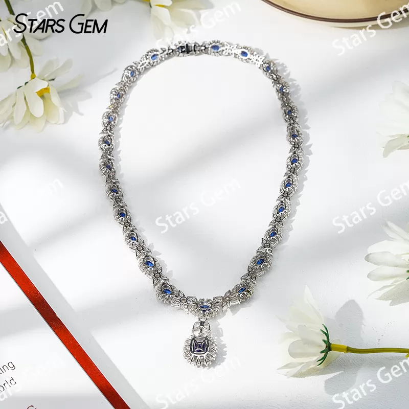 Lab Sapphire Jewelry Set S925 Sliver with Lab Sapphire and Moissanites Necklace Earrings