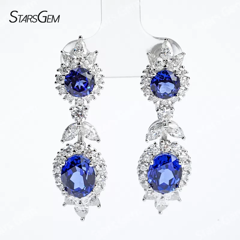Lab Sapphire Jewelry Set S925 Sliver with Lab Sapphire and Moissanites Necklace Earrings