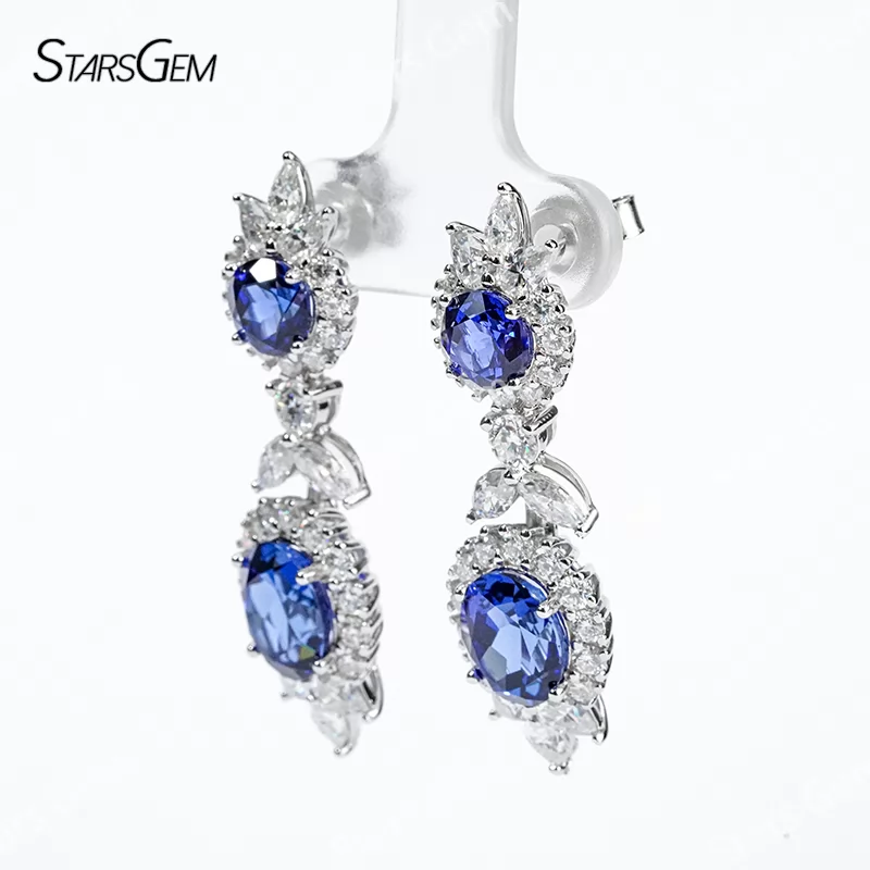 Lab Sapphire Jewelry Set S925 Sliver with Lab Sapphire and Moissanites Necklace Earrings
