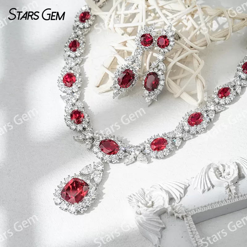 Lab Ruby Jewelry Set S925 Sliver with Lab Grown Ruby and Moissanites Necklace Earrings