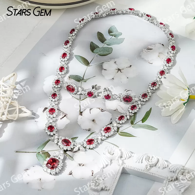 Lab Ruby Jewelry Set S925 Sliver with Lab Grown Ruby and Moissanites Necklace Earrings