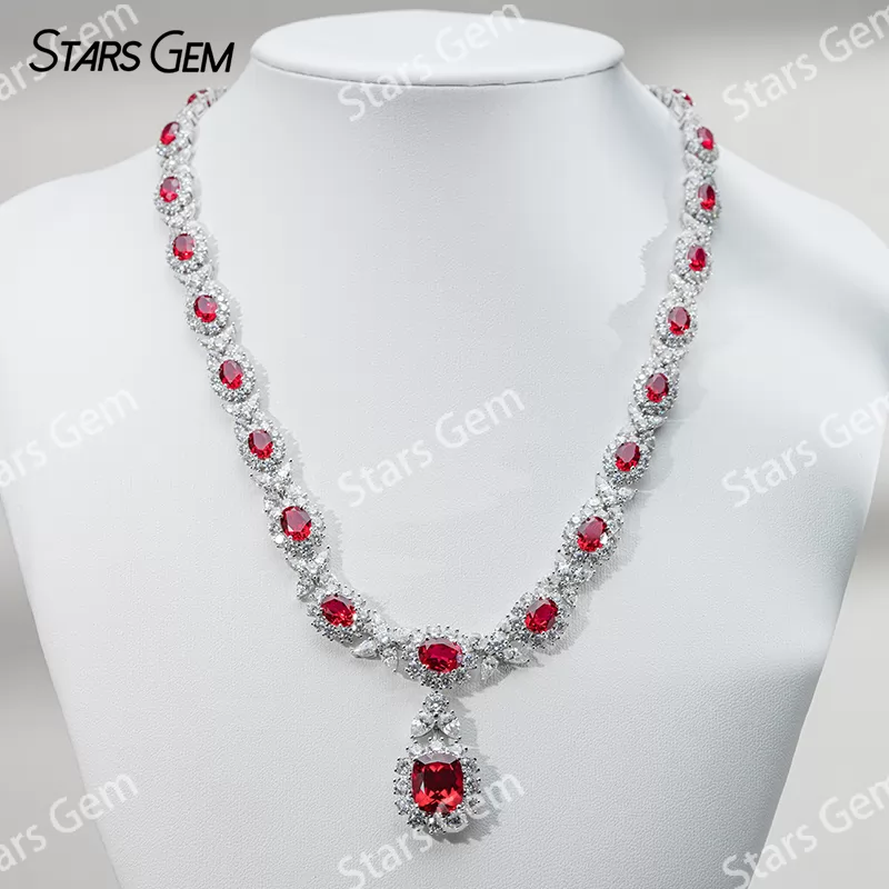 Lab Ruby Jewelry Set S925 Sliver with Lab Grown Ruby and Moissanites Necklace Earrings