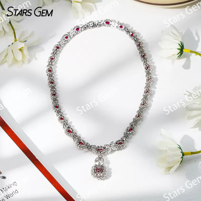 Lab Ruby Jewelry Set S925 Sliver with Lab Grown Ruby and Moissanites Necklace Earrings