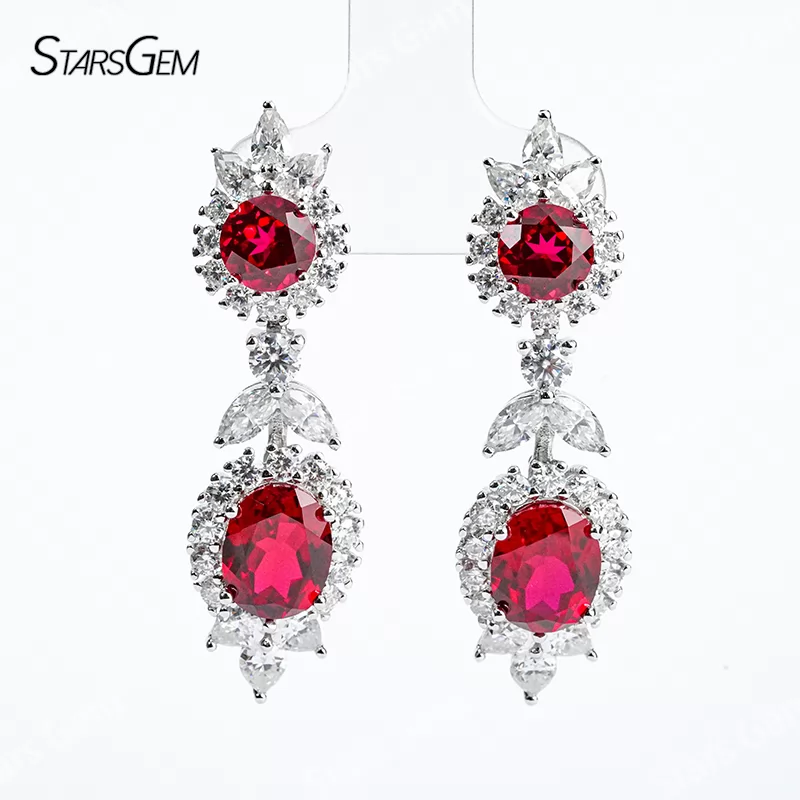 Lab Ruby Jewelry Set S925 Sliver with Lab Grown Ruby and Moissanites Necklace Earrings