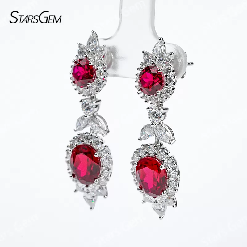 Lab Ruby Jewelry Set S925 Sliver with Lab Grown Ruby and Moissanites Necklace Earrings