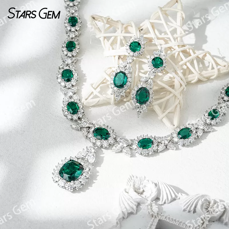 Lab Emerald Jewelry Set S925 Sliver with Lab Grown Emerald Gemstone Moissanites Necklace Earrings