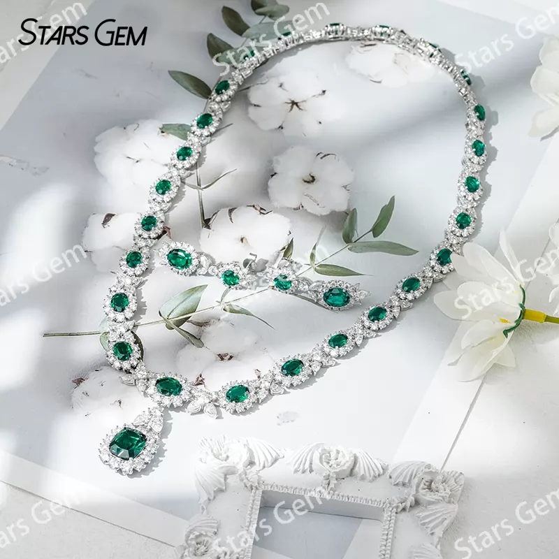 Lab Emerald Jewelry Set S925 Sliver with Lab Grown Emerald Gemstone Moissanites Necklace Earrings