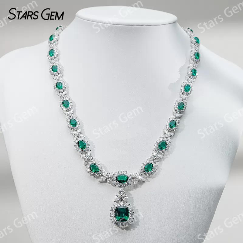 Lab Emerald Jewelry Set S925 Sliver with Lab Grown Emerald Gemstone Moissanites Necklace Earrings