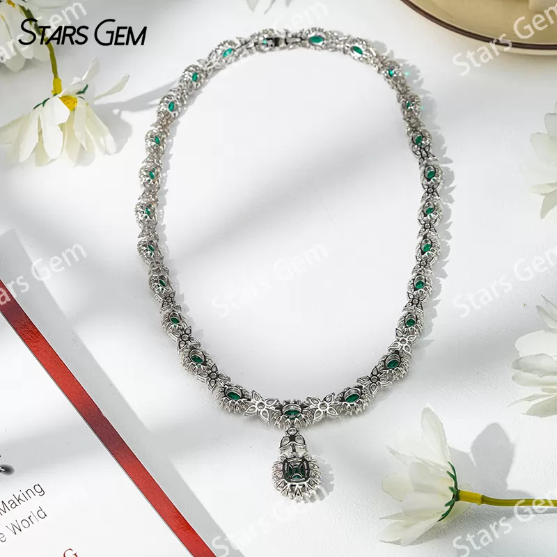 Lab Emerald Jewelry Set S925 Sliver with Lab Grown Emerald Gemstone Moissanites Necklace Earrings