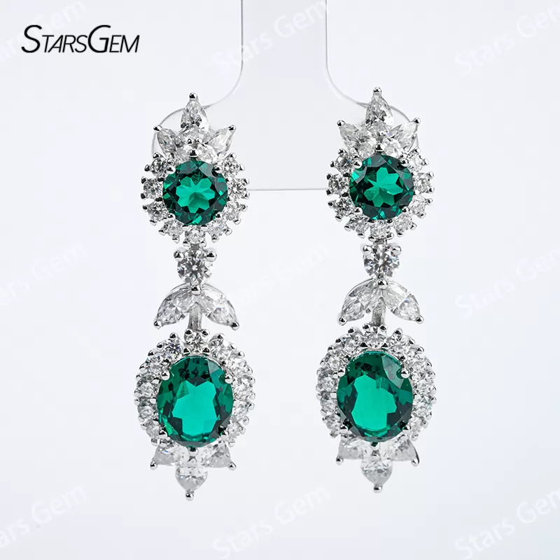 Lab Emerald Jewelry Set S925 Sliver with Lab Grown Emerald Gemstone Moissanites Necklace Earrings