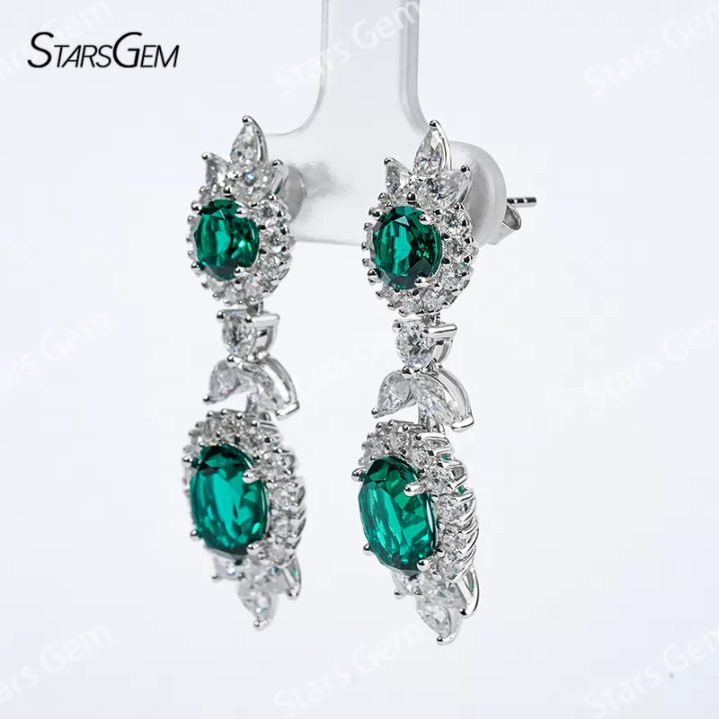 Lab Emerald Jewelry Set S925 Sliver with Lab Grown Emerald Gemstone Moissanites Necklace Earrings