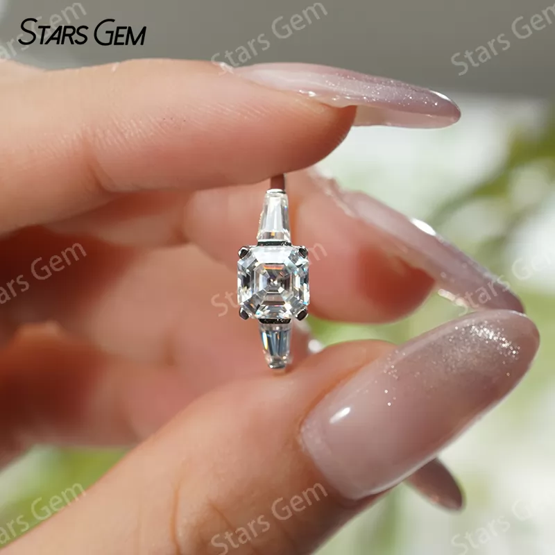 6.5×6.5mm Asscher Cut Moissanite S925 Sterling Silver Three Stone Engagement Ring