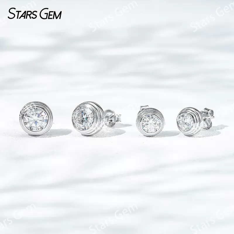 5mm & 6.5mm Round Brilliant Cut Moissanite Bezel Set S925 Sterling Silver Diamond Stud Earrings