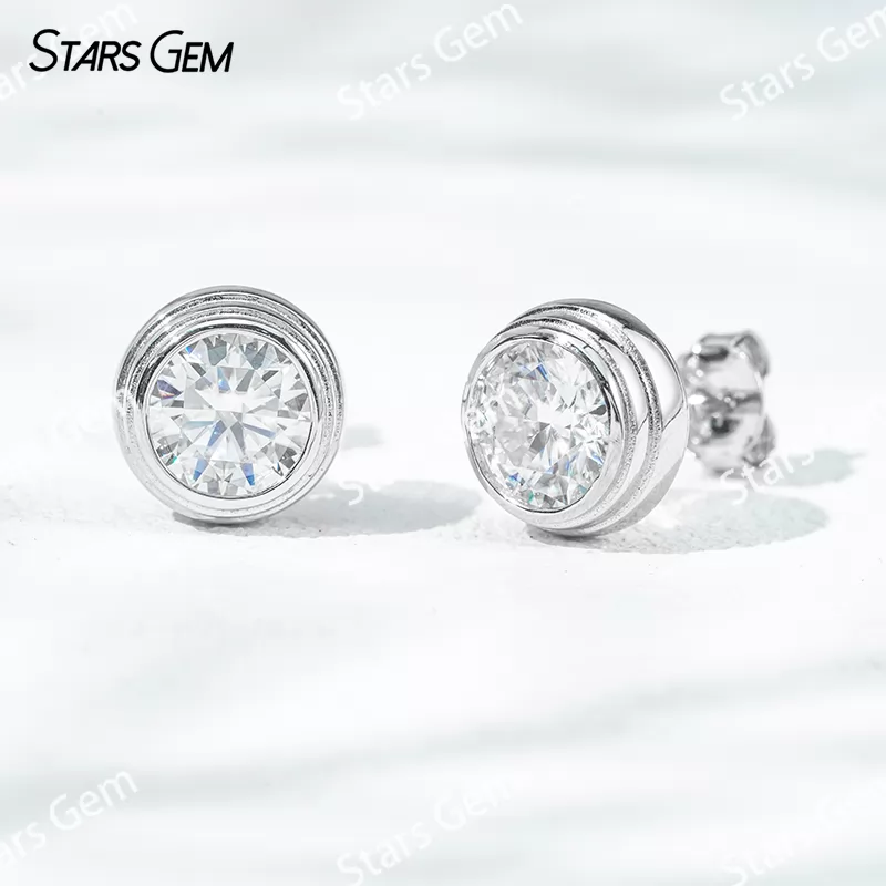 5mm & 6.5mm Round Brilliant Cut Moissanite Bezel Set S925 Sterling Silver Diamond Stud Earrings