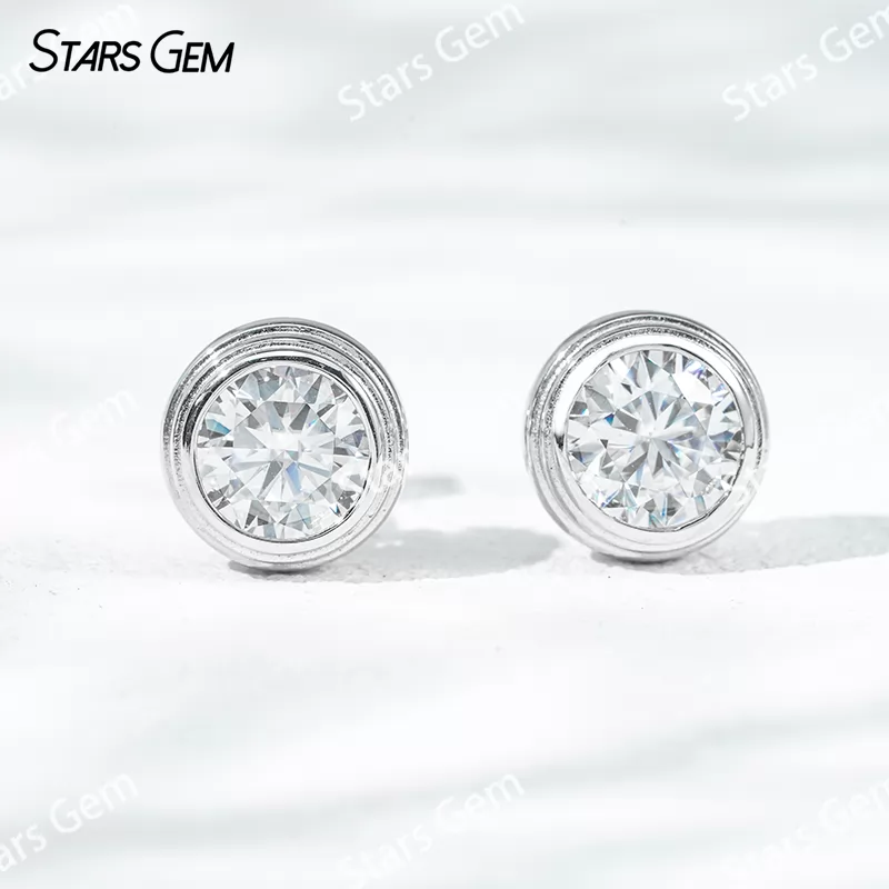5mm & 6.5mm Round Brilliant Cut Moissanite Bezel Set S925 Sterling Silver Diamond Stud Earrings