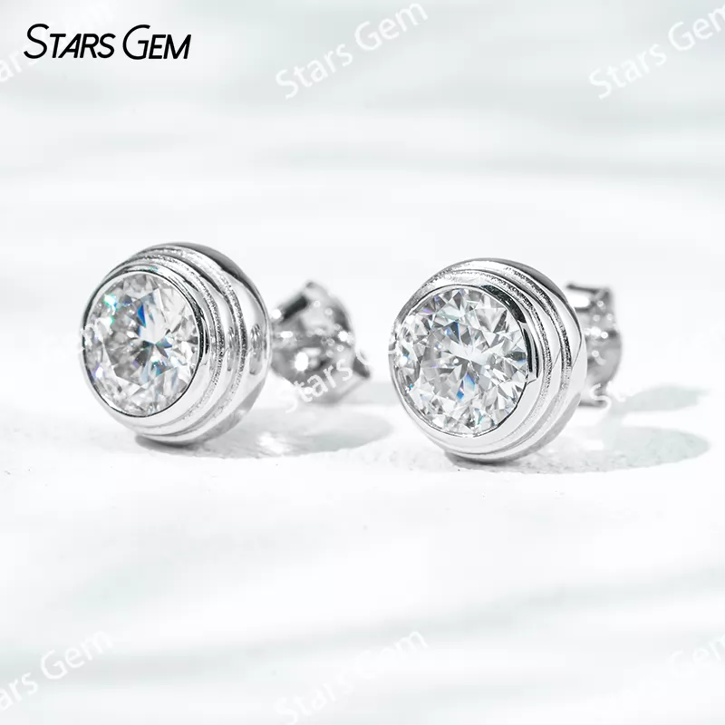 5mm & 6.5mm Round Brilliant Cut Moissanite Bezel Set S925 Sterling Silver Diamond Stud Earrings