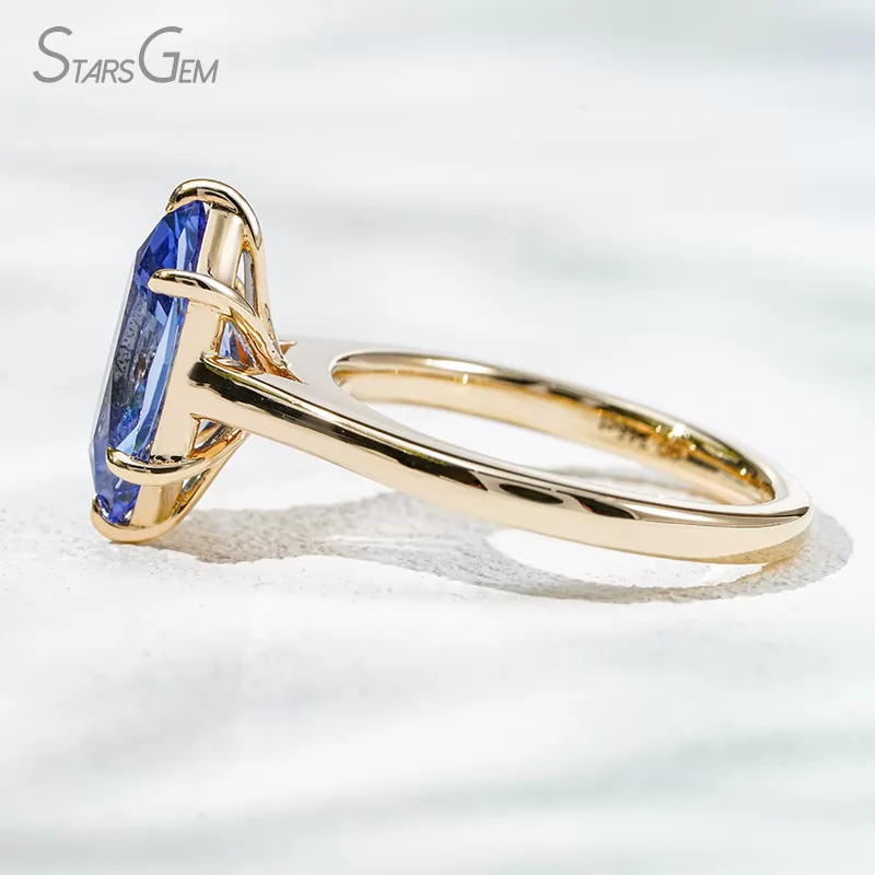Custom Blue Gemstone Jewelry 6.58×12mm Special Cut Hexagon Shape Lab Grown Sapphire 14K Yellow Gold Solitaire Engagement Ring For Girls Women