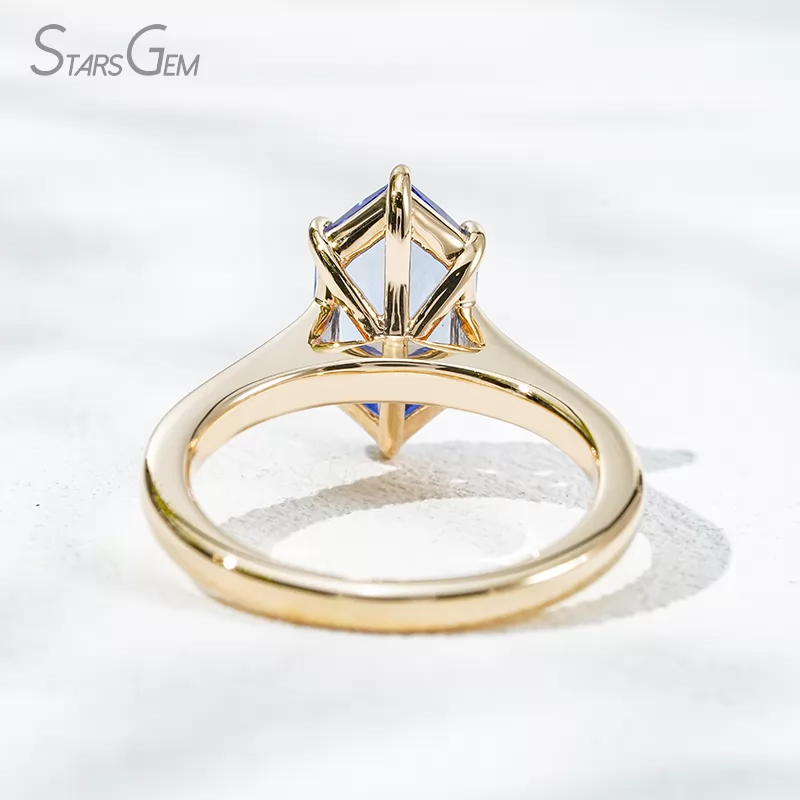 Custom Blue Gemstone Jewelry 6.58×12mm Special Cut Hexagon Shape Lab Grown Sapphire 14K Yellow Gold Solitaire Engagement Ring For Girls Women