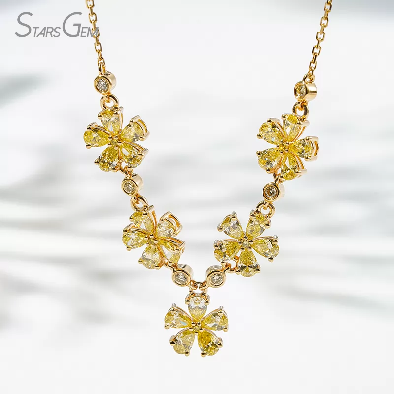 2.5×3.5mm Pear Cut Yellow Lab Grown Diamond 18K Yellow Gold Floral Design Diamond Necklace
