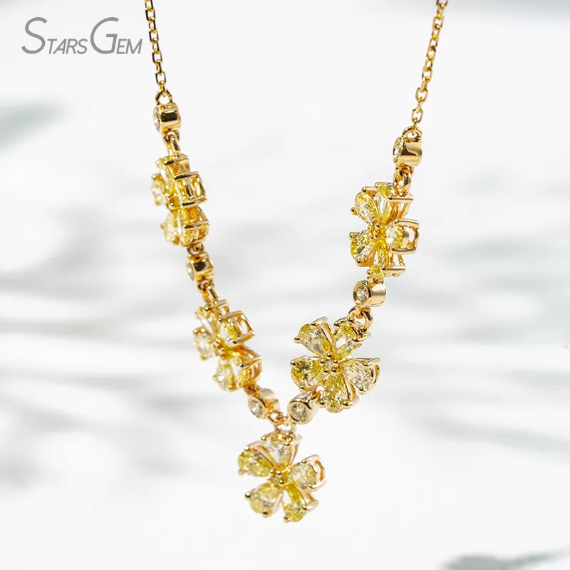 2.5×3.5mm Pear Cut Yellow Lab Grown Diamond 18K Yellow Gold Floral Design Diamond Necklace