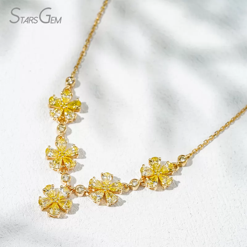 2.5×3.5mm Pear Cut Yellow Lab Grown Diamond 18K Yellow Gold Floral Design Diamond Necklace