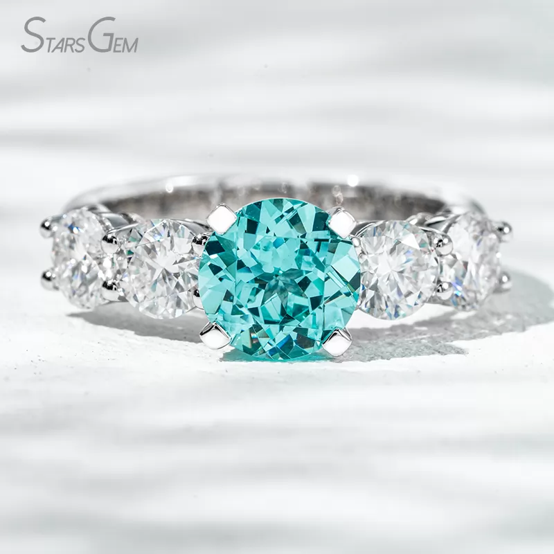 8mm Round Brilliant Cut Lab Grown Paraiba Sapphire With Side Moissanite 14K White Gold Engagement Ring