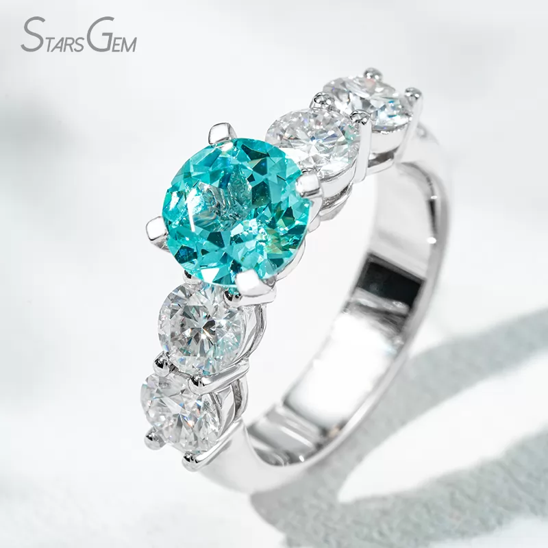8mm Round Brilliant Cut Lab Grown Paraiba Sapphire With Side Moissanite 14K White Gold Engagement Ring
