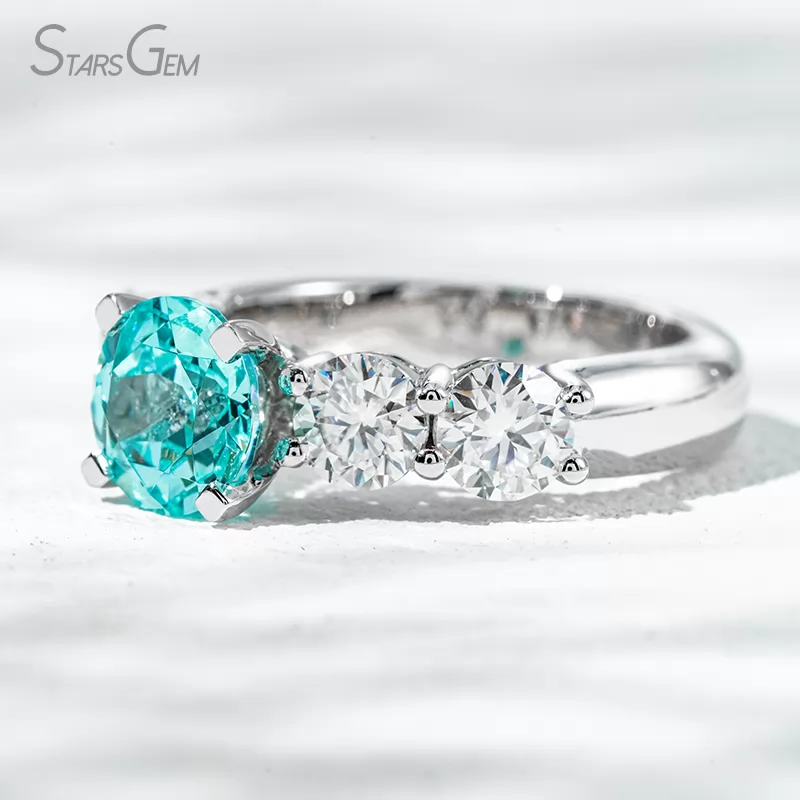 8mm Round Brilliant Cut Lab Grown Paraiba Sapphire With Side Moissanite 14K White Gold Engagement Ring