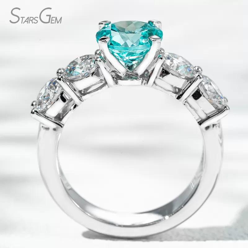 8mm Round Brilliant Cut Lab Grown Paraiba Sapphire With Side Moissanite 14K White Gold Engagement Ring