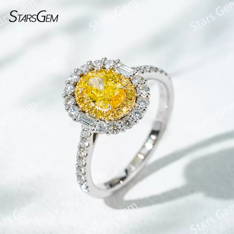 6.8×4.7mm Oval Cut Yellow Lab Grown Diamond 18K White Gold Halo Engagement Ring