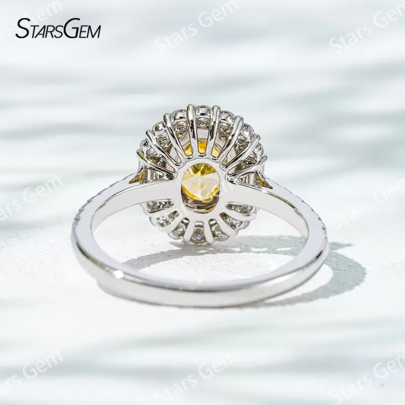 6.8×4.7mm Oval Cut Yellow Lab Grown Diamond 18K White Gold Halo Engagement Ring