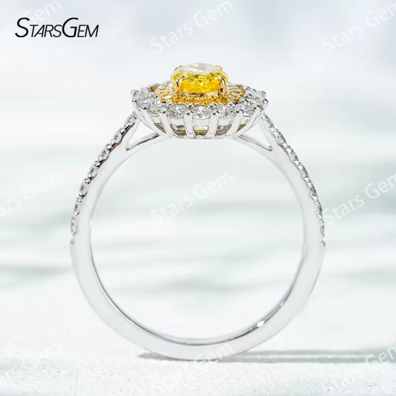 6.8×4.7mm Oval Cut Yellow Lab Grown Diamond 18K White Gold Halo Engagement Ring