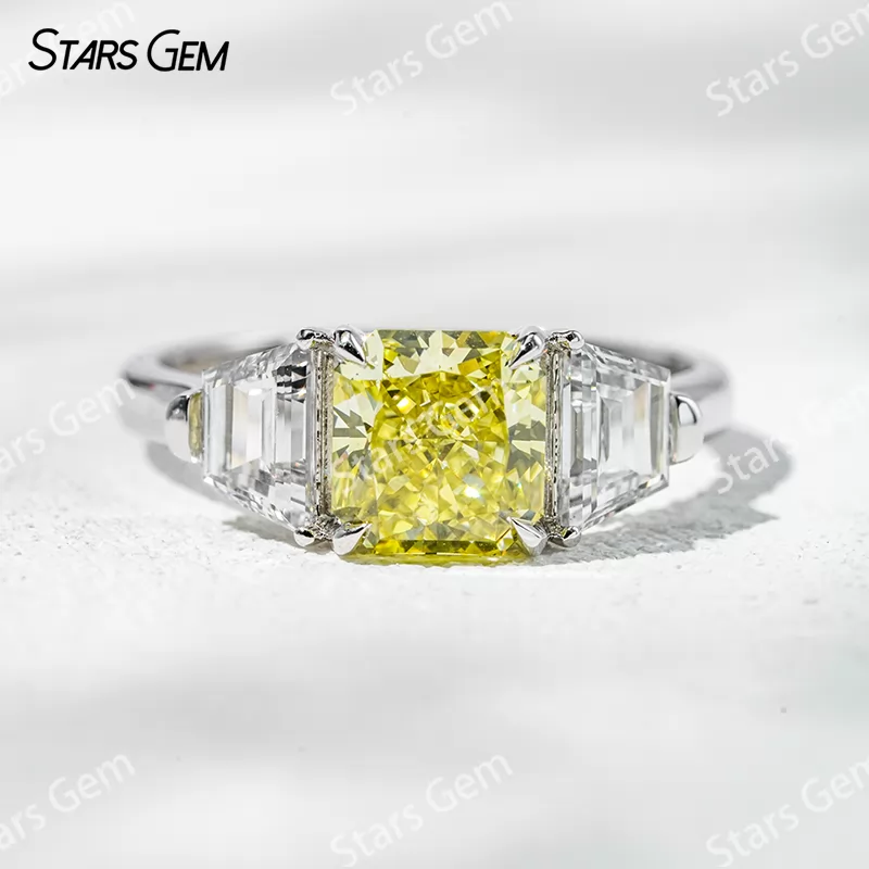 6.4×6.8mm Radiant Cut Yellow Lab Grown Diamond 18K White Gold Three Stone Engagement Ring